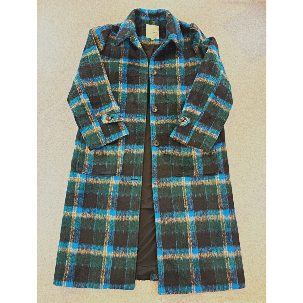 Free Assembly Long Coat Plaid Wool Blend Trench Jacket Blue Green M Tartan Fuzzy